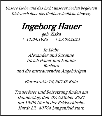 Traueranzeige von IIngeborg Hauer von WVW Anzeigenblätter