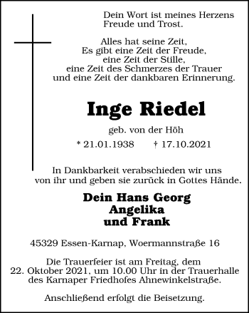 Traueranzeige von Inge Riedel von WVW Anzeigenblätter