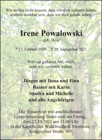 Traueranzeige von Irene Powalowski von WVW Anzeigenblätter