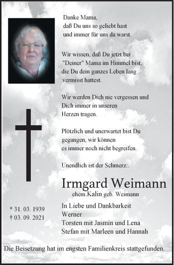 Traueranzeige von Irmgard Weimann von WVW Anzeigenblätter