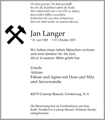 Traueranzeige von Jan Langer von WVW Anzeigenblätter