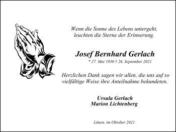 Traueranzeige von Josef Bernhard Gerlach von WVW Anzeigenblätter