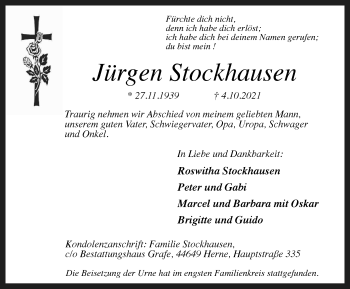 Traueranzeige von Jürgen Stockhausen von WVW Anzeigenblätter