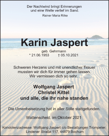 Traueranzeige von Karin Jaspert von WVW Anzeigenblätter