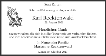 Traueranzeige von Karl Recktenwald von WVW Anzeigenblätter