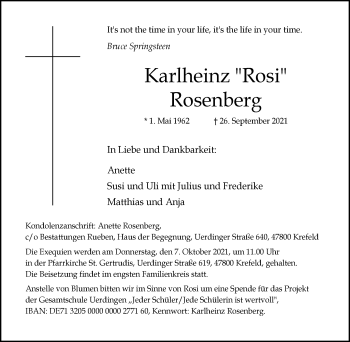 Traueranzeige von Karlheinz Rosenberg von WVW Anzeigenblätter