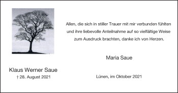 Traueranzeige von Klaus Werner Saue von WVW Anzeigenblätter