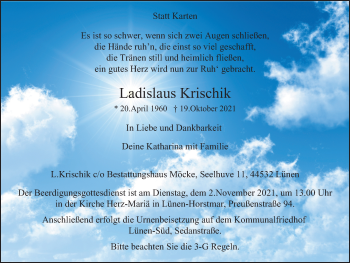 Traueranzeige von Ladislaus Krischik von WVW Anzeigenblätter