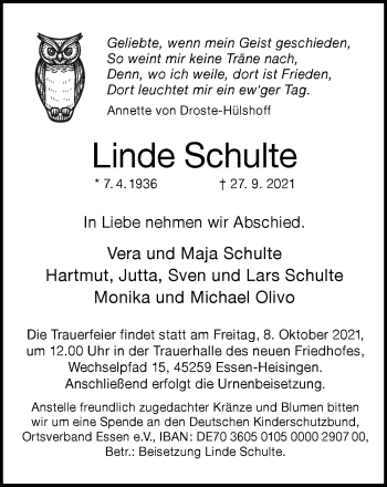 Traueranzeige von Linde Schulte von WVW Anzeigenblätter
