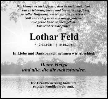 Traueranzeige von Lothar Feld von WVW Anzeigenblätter