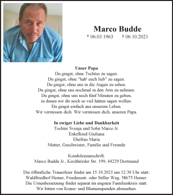 Traueranzeige von Marco Budde von WVW Anzeigenblätter