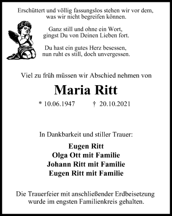 Traueranzeigen von Maria Ritt | Trauer-in-NRW.de