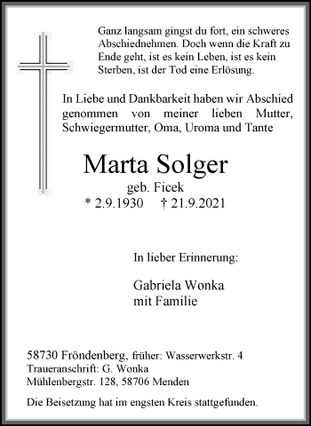 Traueranzeige von Marta Solger von WVW Anzeigenblätter