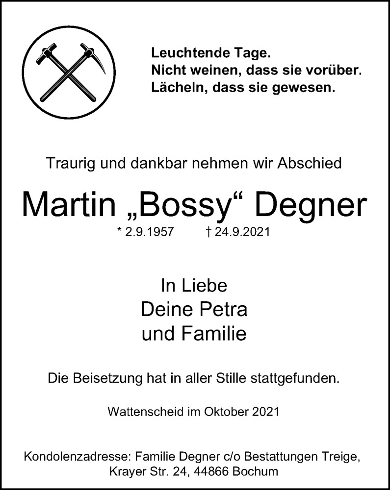  Traueranzeige für Martin Degner vom 09.10.2021 aus WVW Anzeigenblätter