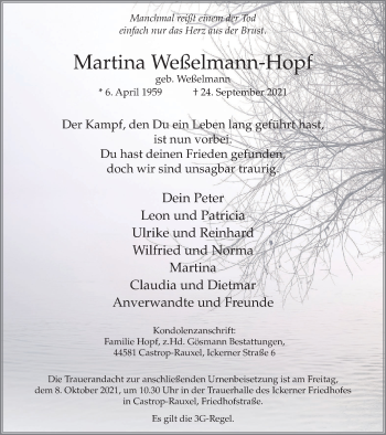 Traueranzeige von Martina Weßelmann-Hopf von WVW Anzeigenblätter