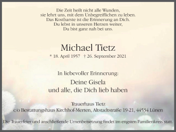 Traueranzeige von Michael Tietz von WVW Anzeigenblätter