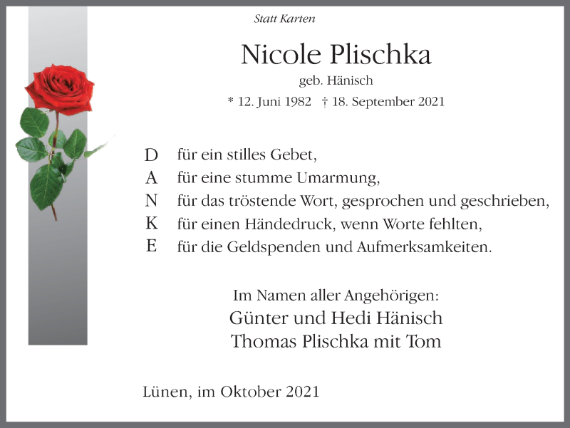  Traueranzeige für Nicole Plischka vom 16.10.2021 aus WVW Anzeigenblätter