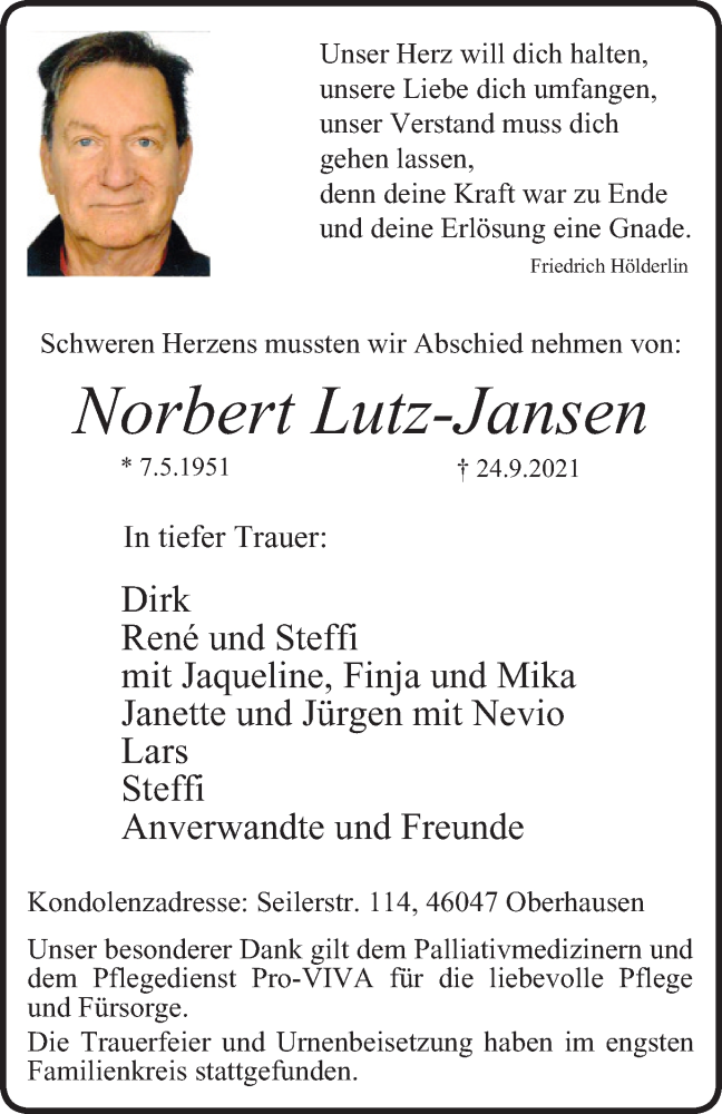  Traueranzeige für Norbert Lutz-Jansen vom 23.10.2021 aus WVW Anzeigenblätter