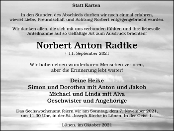 Traueranzeige von Norbert Anton Radtke von WVW Anzeigenblätter