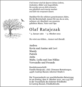 Traueranzeige von Olaf Ratajczak von WVW Anzeigenblätter