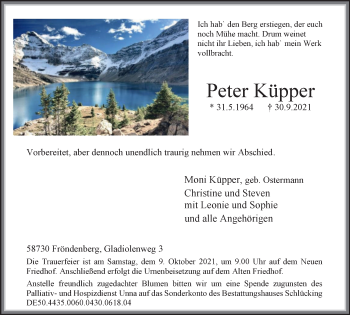 Traueranzeige von Peter Küpper von WVW Anzeigenblätter