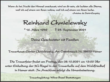 Traueranzeige von Reinhard Chmielewsky von WVW Anzeigenblätter