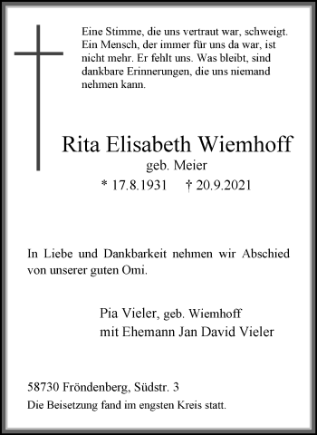 Traueranzeige von Rita Elisabeth Wiemhoff von WVW Anzeigenblätter