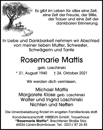 Traueranzeige von Rosemarie Mattis von WVW Anzeigenblätter