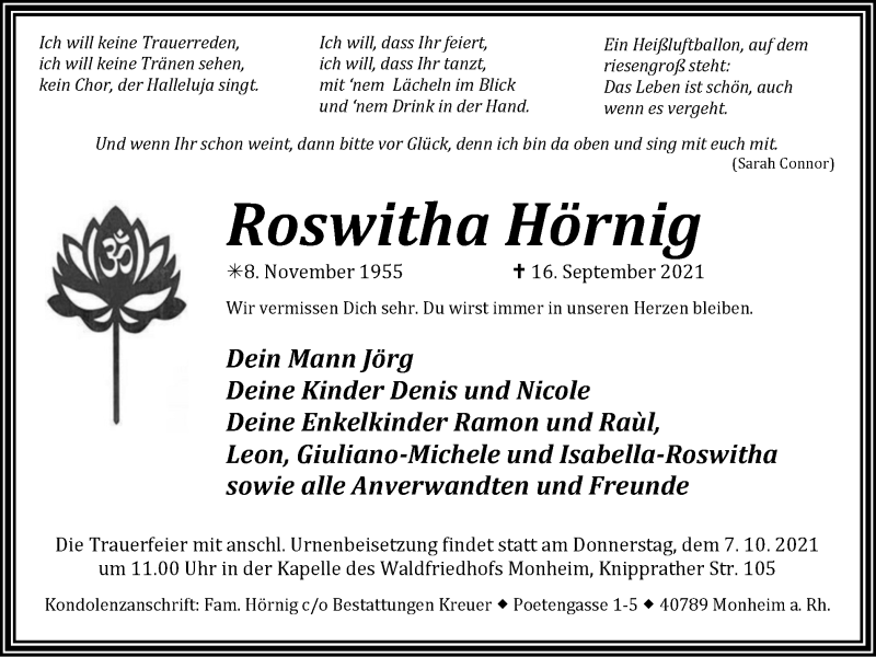  Traueranzeige für Roswitha Hörnig vom 02.10.2021 aus WVW Anzeigenblätter