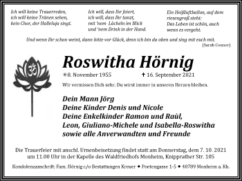 Traueranzeige von Roswitha Hörnig von WVW Anzeigenblätter