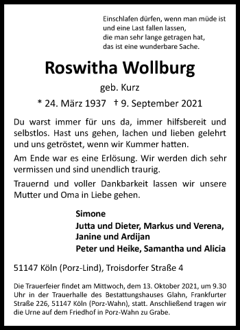 Traueranzeige von Roswitha Wollburg von WVW Anzeigenblätter