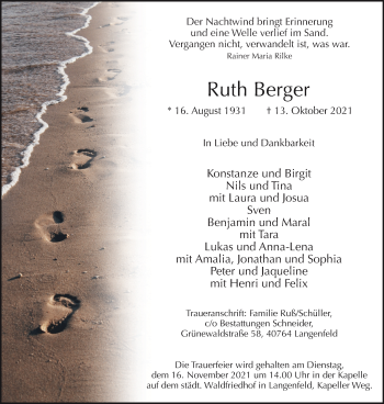 Traueranzeige von Ruth Berger von WVW Anzeigenblätter