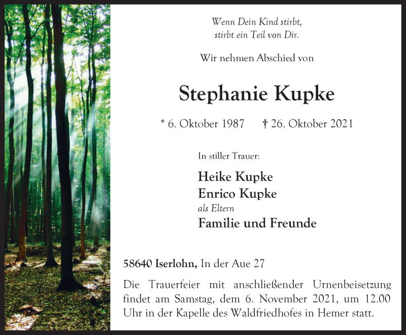  Traueranzeige für Stephanie Kupke vom 30.10.2021 aus WVW Anzeigenblätter