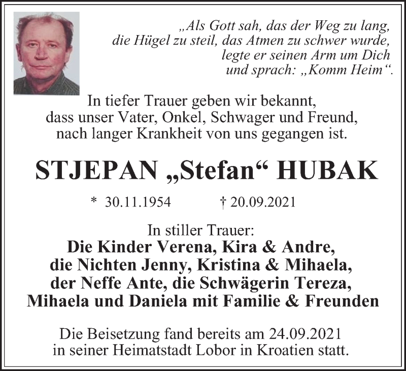  Traueranzeige für Stjepan Hubak vom 02.10.2021 aus WVW Anzeigenblätter