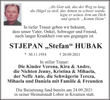 Traueranzeige von Stjepan Hubak von WVW Anzeigenblätter
