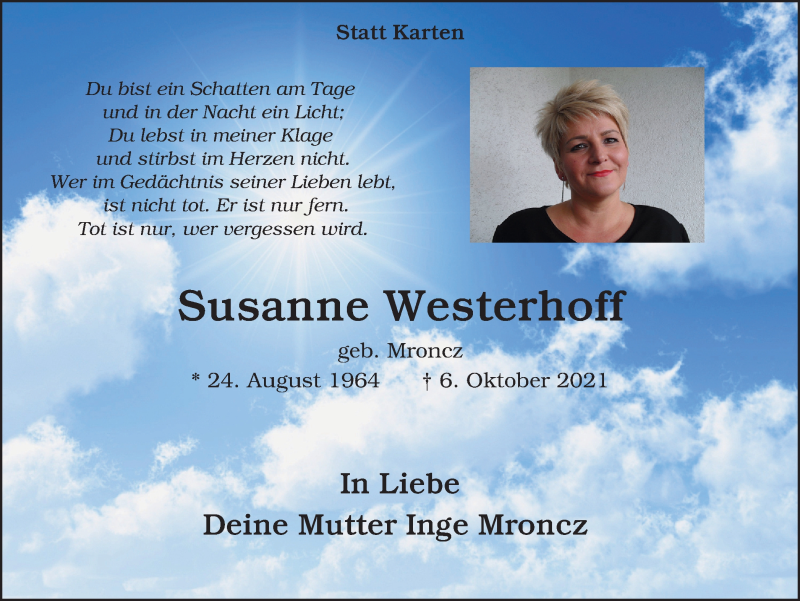  Traueranzeige für Susanne Westerhoff vom 13.10.2021 aus WVW Anzeigenblätter