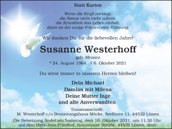 Traueranzeige von Susanne Westerhoff von WVW Anzeigenblätter