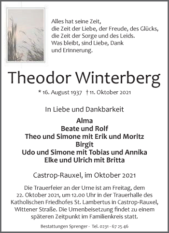 Traueranzeige von Theodor Winterberg von WVW Anzeigenblätter