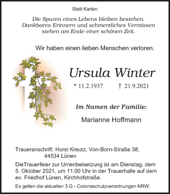 Traueranzeige von Ursula Winter von WVW Anzeigenblätter