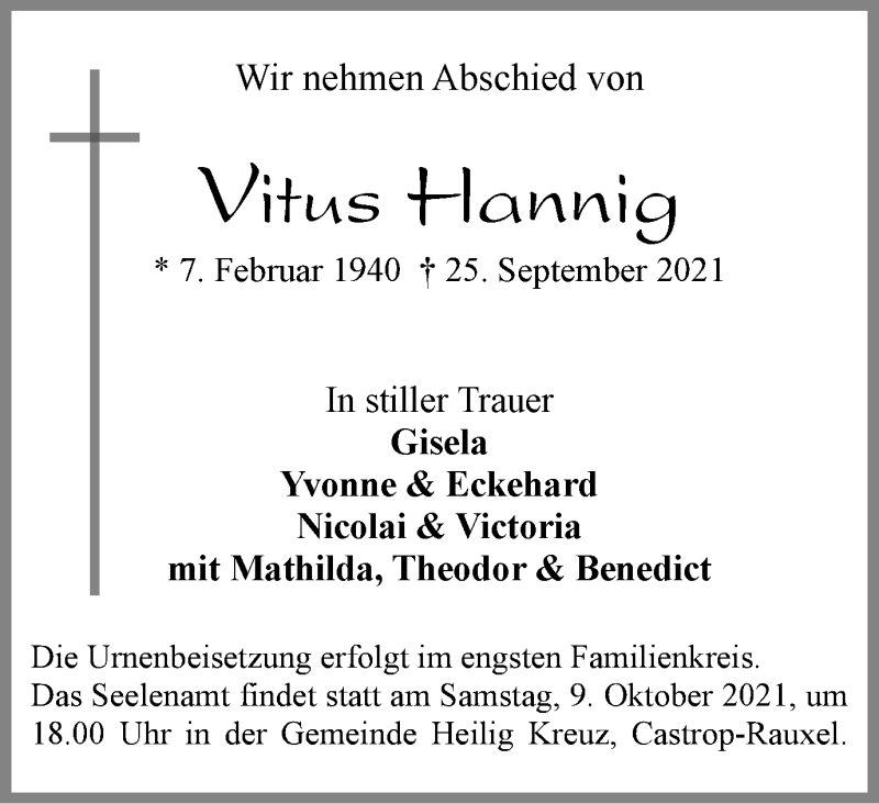  Traueranzeige für Vitus Hannig vom 02.10.2021 aus WVW Anzeigenblätter