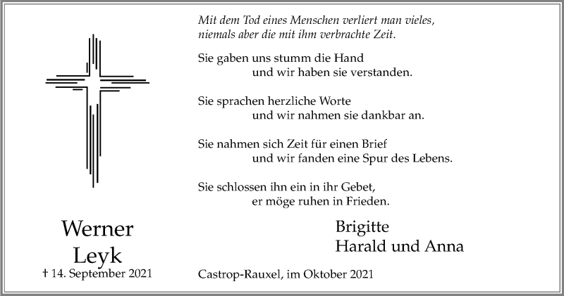  Traueranzeige für Werner Leyk vom 23.10.2021 aus WVW Anzeigenblätter