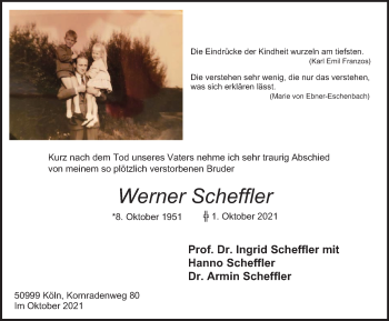 Traueranzeige von Werner Scheffler von WVW Anzeigenblätter