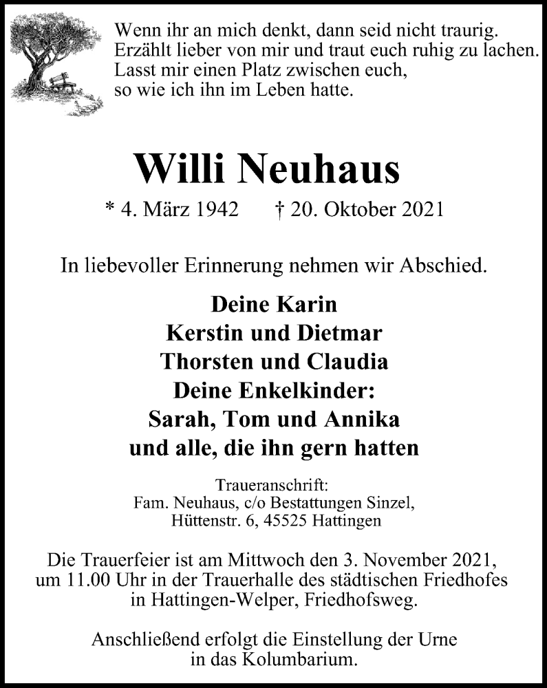  Traueranzeige für Willi Neuhaus vom 30.10.2021 aus WVW Anzeigenblätter