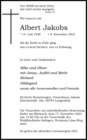 Traueranzeige von Albert Jakobs von WVW Anzeigenblätter