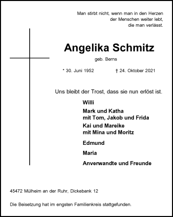 Traueranzeige von Angelika Schmitz von WVW Anzeigenblätter