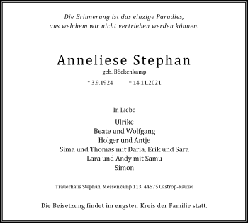 Traueranzeige von Anneliese Stephan von WVW Anzeigenblätter