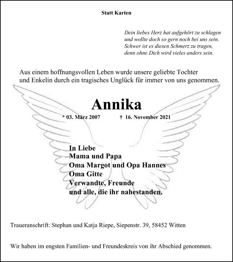  Traueranzeige für Annika Riepe vom 24.11.2021 aus WVW Anzeigenblätter