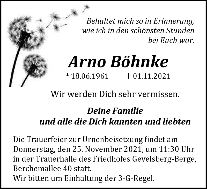  Traueranzeige für Arno Böhnke vom 20.11.2021 aus WVW Anzeigenblätter
