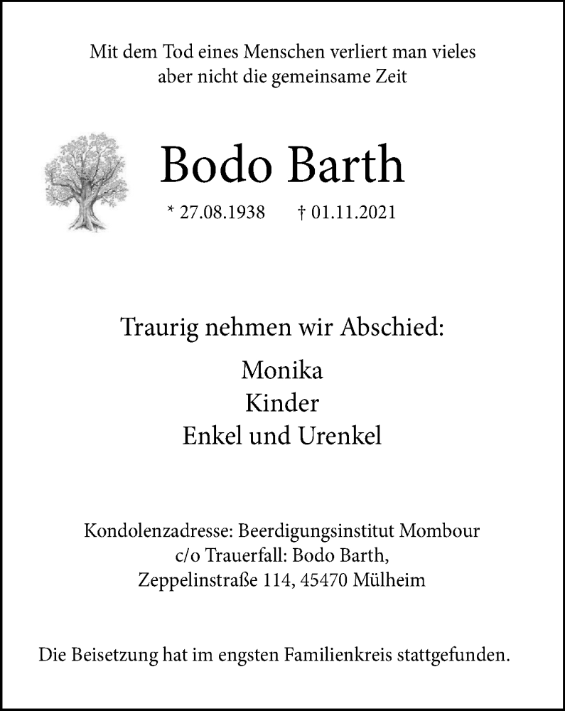  Traueranzeige für Bodo Barth vom 20.11.2021 aus WVW Anzeigenblätter