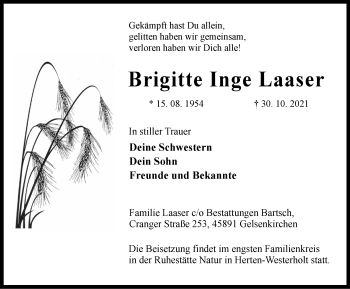 Traueranzeige von Brigitte Inge Laaser von WVW Anzeigenblätter